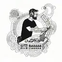 An audio visual engineer manipulating sound waves with psychedelic animal motifs tattoo design idea