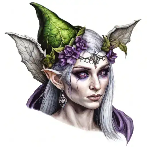 fantasy female elf purple eyes sliver hair in woodland tattoo design idea