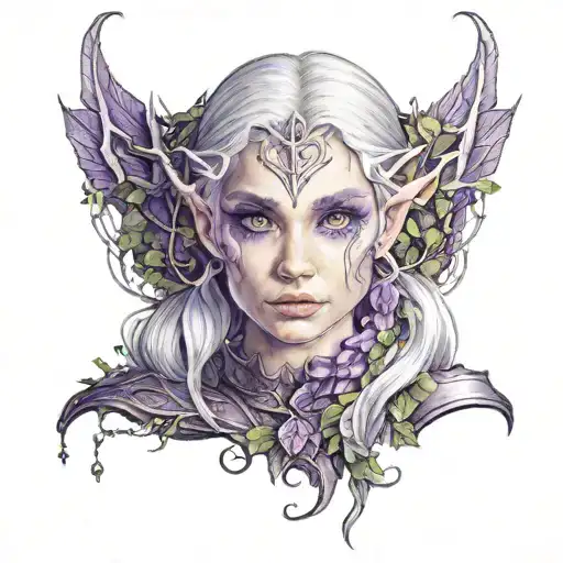 fantasy female elf purple eyes sliver hair in woodland tattoo design idea