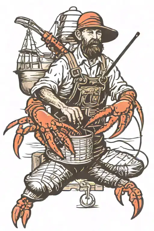 A traditional tattoo of a lobster fisherman hauling in a trap filled with lobsters and snow crabs, with a German short haired pointer looking on tattoo design idea