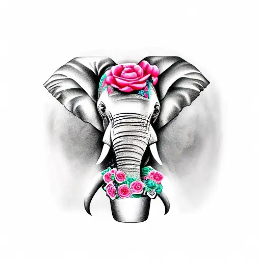 Elephant and roses  tattoo design idea