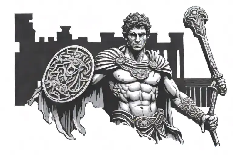 Ancient roman warrior and ruins of ancient columns tattoo design idea