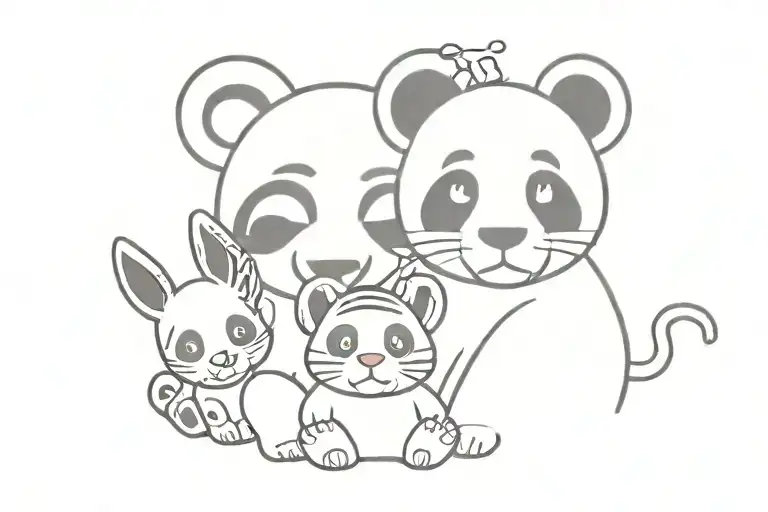 Cure family tattoo with Tiger doing a side eye, Rabbit blushing, Panda wearing a headphone, Puppy that is hairy  tattoo design idea