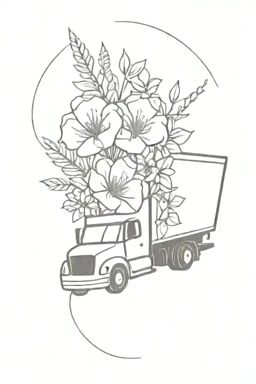 18-wheeler with flower bouquet tattoo design idea