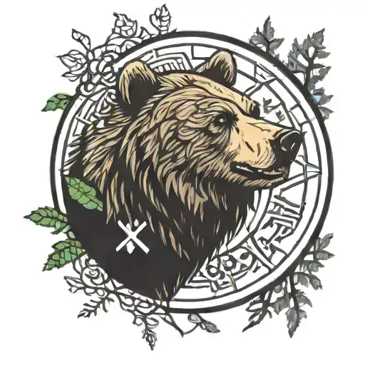 The muzzle of a bear in the forest and the circle of runes tattoo design idea