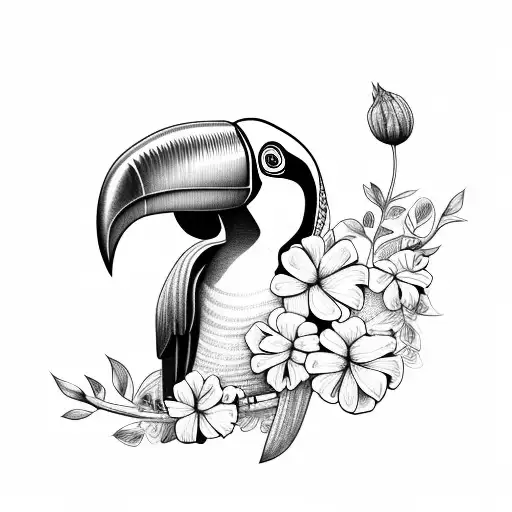 Toucan with flowers and big beak tattoo design idea