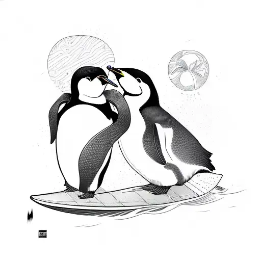 pinguin on a surfboard lineart tattoo design idea