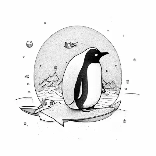 Single cool pinguin on a surfboard lineare tattoo design idea