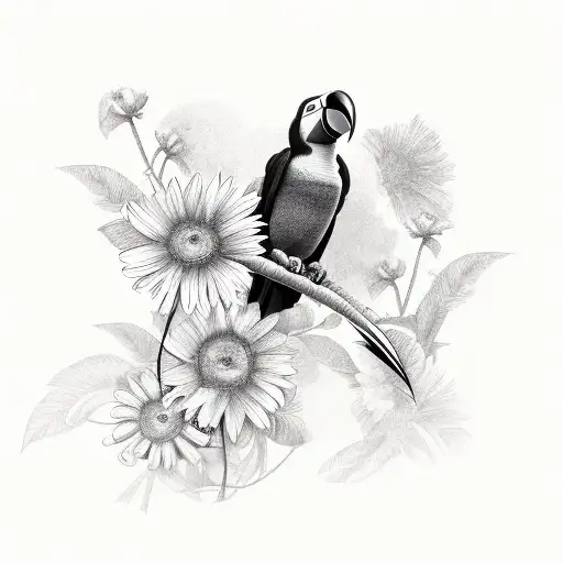 Toucan with flowers and big beak tattoo design idea