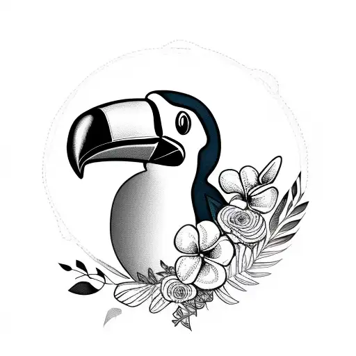 happy Toucan with flowers and big beak tattoo design idea