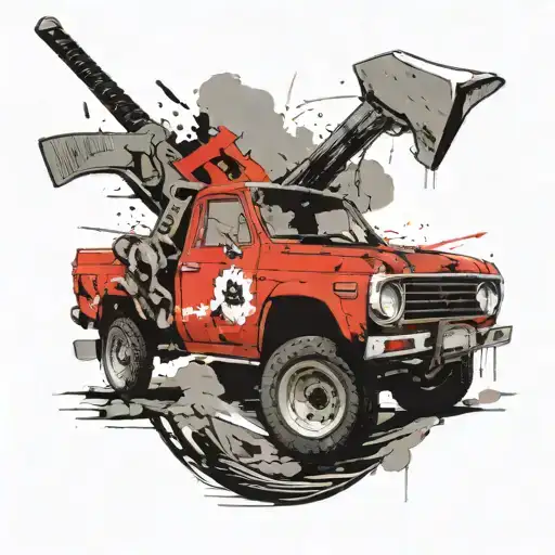 nissan Datsun pick up truck, a wood axe, a nail hammer and an sword  tattoo design idea
