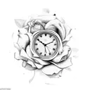 clock, roses, clouds,  tattoo design idea