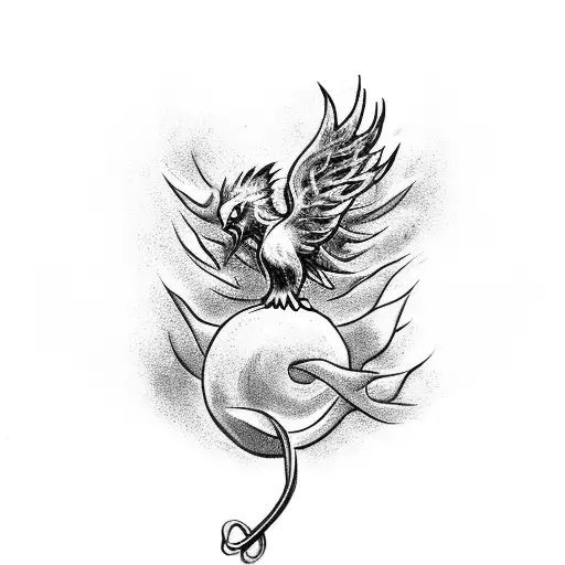 Depicting forget me knot flower intertwined with a phoenix rising from ashes, symbolizing rebirth after death tattoo design idea