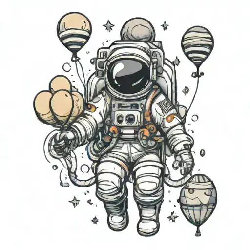 astronaut standing holding balloons floating in the sky tattoo design idea