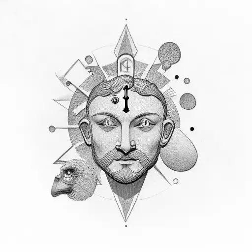 Aristotles stone head with a clock in the back tattoo design idea