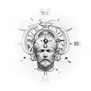 Aristotles stone head with a clock in the back tattoo design idea