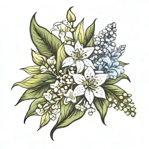 Lily of the Valley, Larkspur, Gladiolus, Aster, and Daisy tattoo design idea