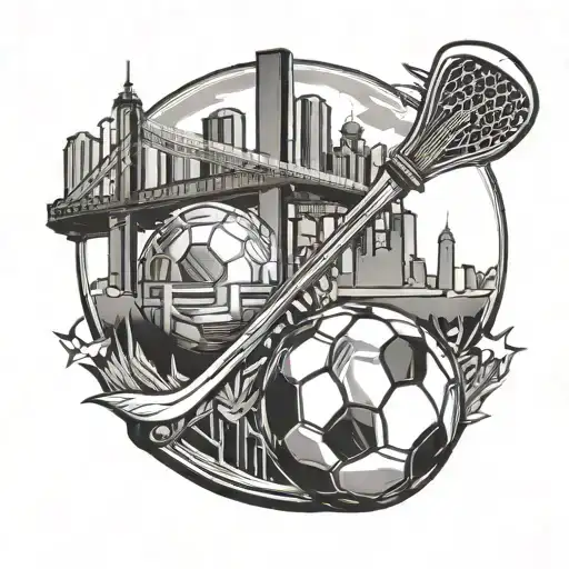A hockey stick and soccer ball crossed with a Toronto skyline in the background tattoo design idea