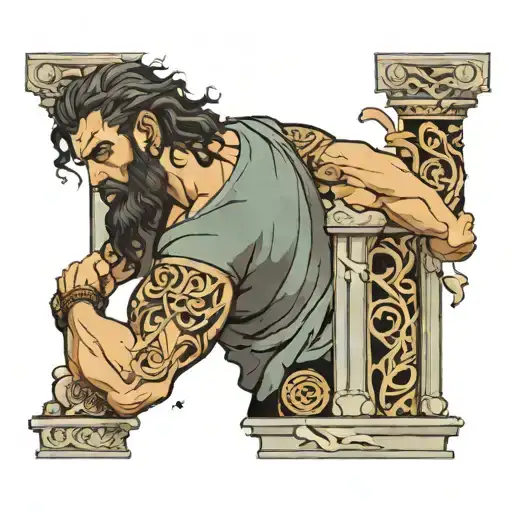 Samson holding pillars slightly crumbling tattoo design idea