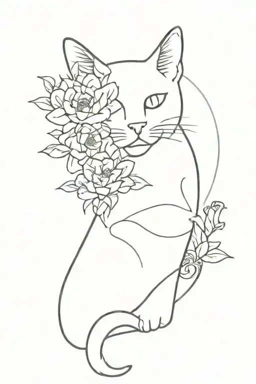 cat and flowers intertwined tattoo design idea
