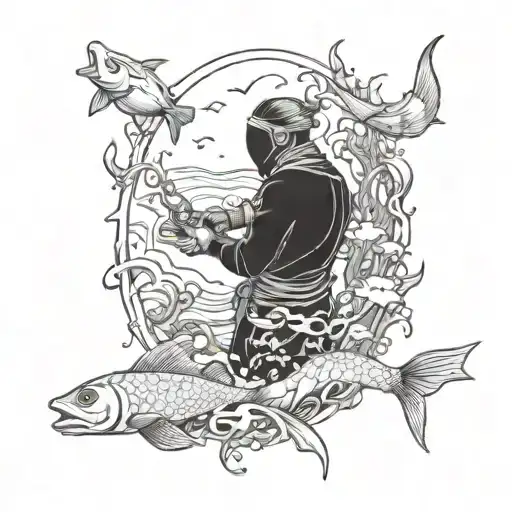 A runescape character exploring a mystical underwater world filled with water creatures tattoo design idea