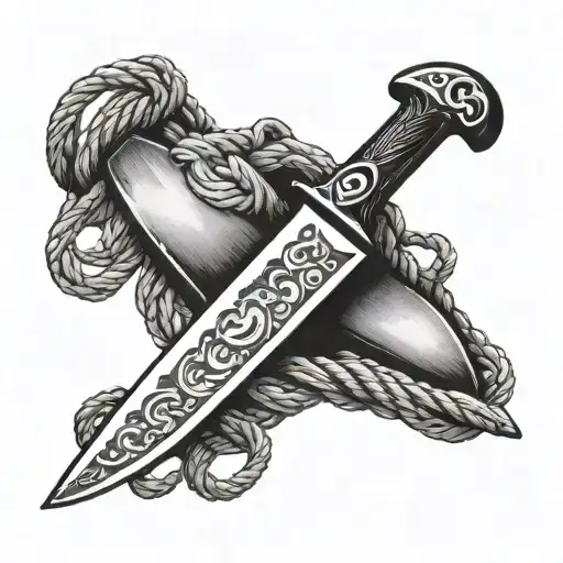 A chef's knife intertwined with a rope, symbolizing the balance between precision and creativity in cooking tattoo design idea