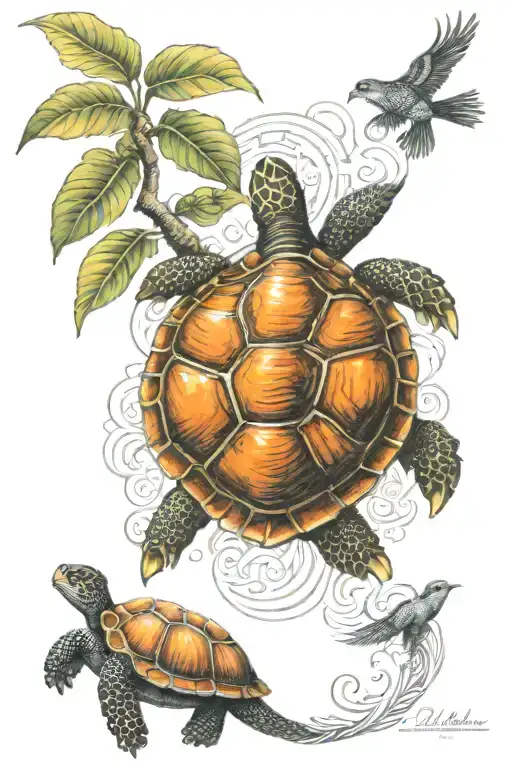phoenix, turtle, sun, orange tree growing tattoo design idea
