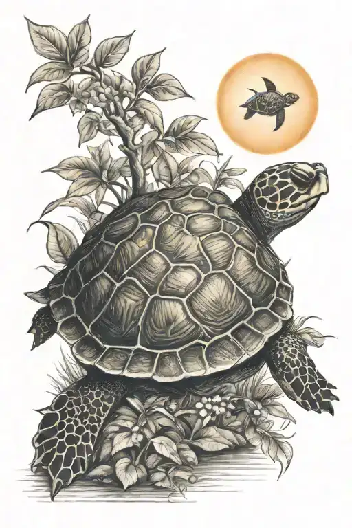 turtle, sun, orange tree growing tattoo design idea