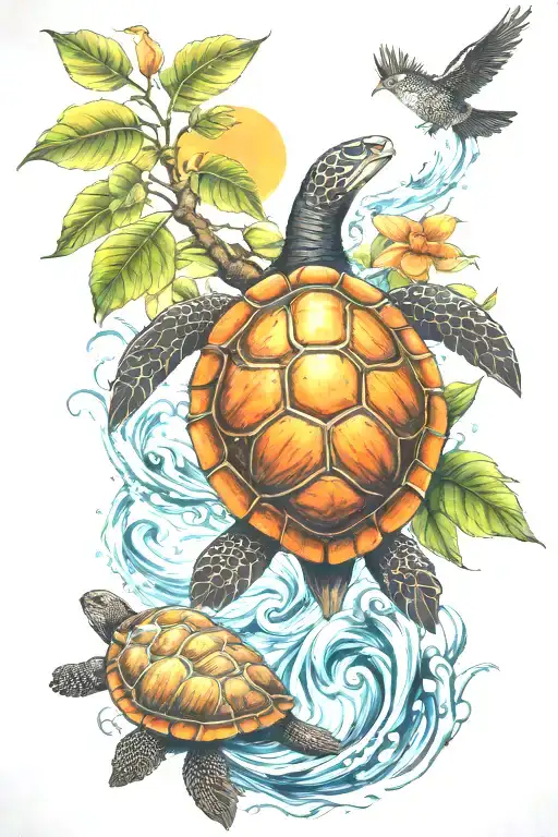 phoenix, turtle, sun, orange tree growing, water, ohana tattoo design idea
