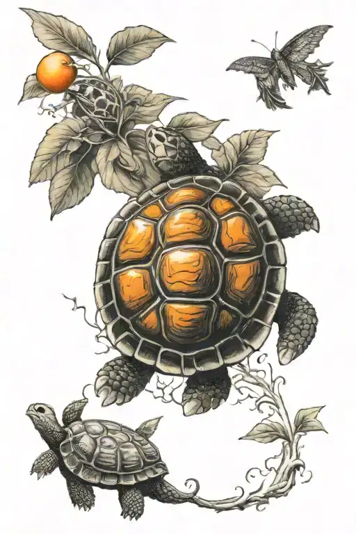 phoenix, turtle, sun, orange tree growing tattoo design idea