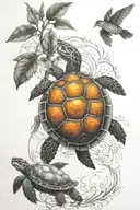 phoenix, turtle, sun, orange tree growing tattoo design idea