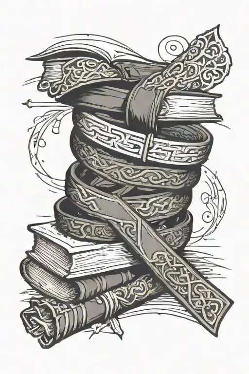 A jiu jitsu belt intertwined with a stack of books tattoo design idea
