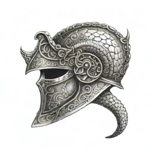 A detailed medieval knight's helmet with a snake coiled around it tattoo design idea