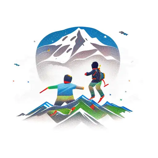 dad with son and mountain hiiking tattoo design idea