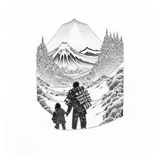 dad with son and mountain hiiking tattoo design idea