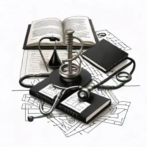 BLACK AND GREY table with papers on the table of genetic symbols DNA double helix stethoscope and medical books tattoo design idea