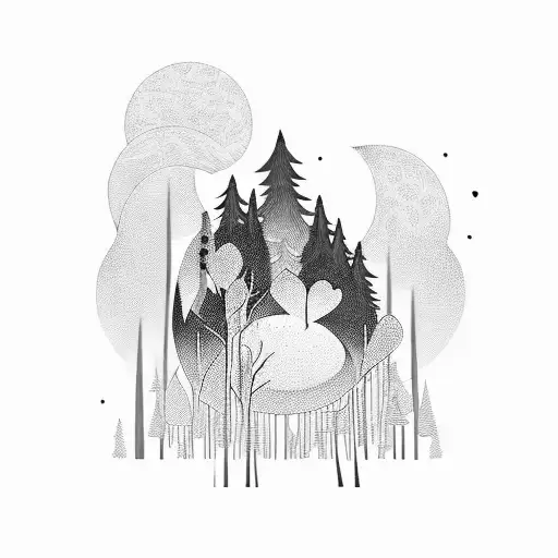 A melancholic moonlit forest with a heart-shaped lake tattoo design idea