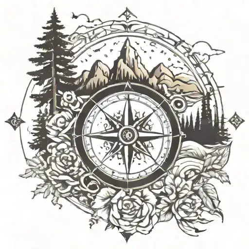 compass rose with mountains and trees covering northern half  tattoo design idea