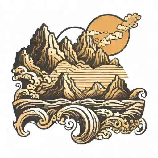 vertical line with mountains and waves coming from opposite sides  tattoo design idea
