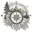 compass rose with mountains and trees covering northern half  tattoo design idea