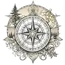 compass rose with mountains and trees covering northern half  tattoo design idea