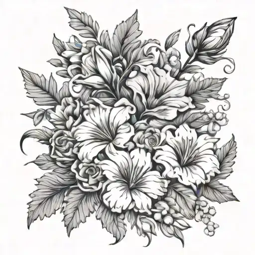 bouquet: aster, morning glory, gladiolus, and poppy flowers tattoo design idea