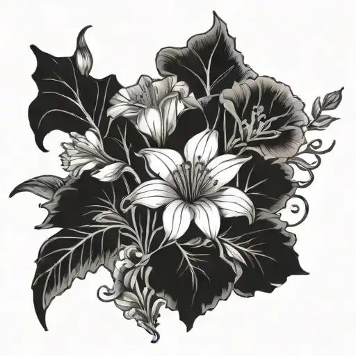 bouquet: aster, morning glory, gladiolus, and poppy flowers on a vine tattoo design idea