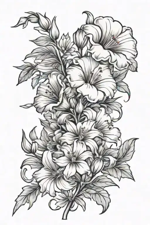 bouquet: aster, morning glory, gladiolus, and poppy flowers on a stem  tattoo design idea