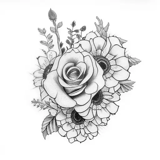 sleeve black and grey tattoo with flowers from the March, June and July birth months  tattoo design idea