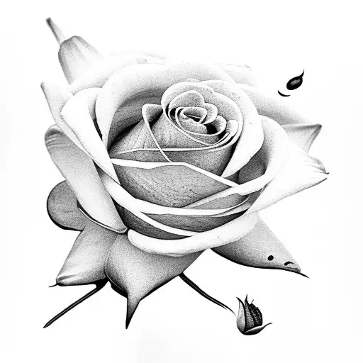 A realistic black and grey tattoo of a rose with delicate water lily petals forming the background tattoo design idea