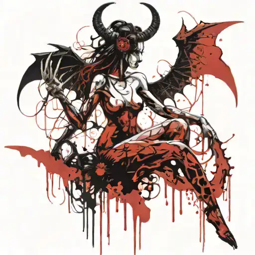 Sexy Nude Black silhouette Woman standing with Horns, torn demonic wings, extremely long nails, and dripping in blood.  tattoo design idea