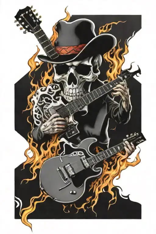 rock&roll with guitar and skull on fire tattoo design idea