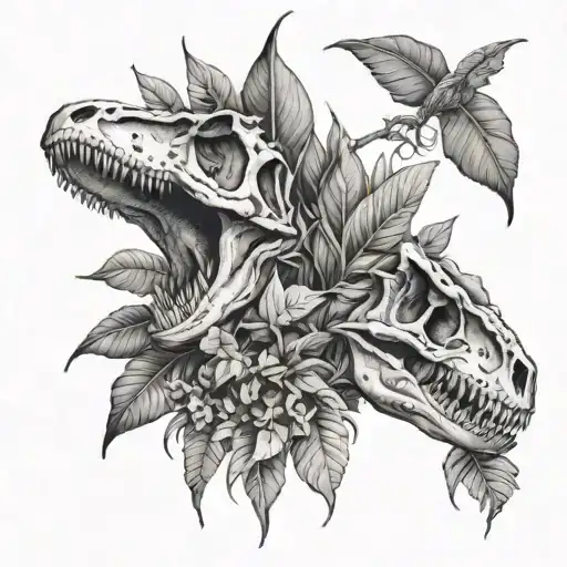 dinosaur skulls and jungle leaves tattoo design idea