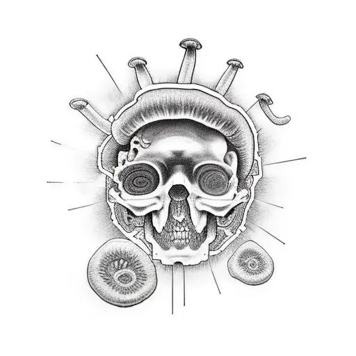 half dead half alive person with mushrooms and gears coming out of one side of the head with a gun under the persons chi tattoo design idea